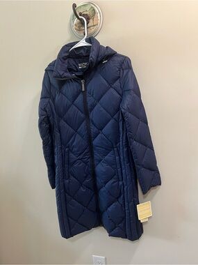 Michael Kors Navy Packable Down Fill Long Puffer Jacket Size Small NWT